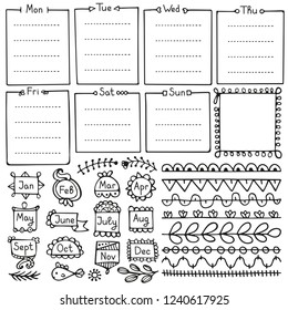Bullet journal hand drawn vector elements for notebook, diary and planner. Doodle frames isolated on white background. 