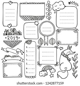 Bullet journal hand drawn vector elements for notebook, diary and planner. Doodle frames isolated on white background. 