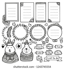 Bullet journal hand drawn vector elements for notebook, diary and planner. Doodle frames isolated on white background. 
