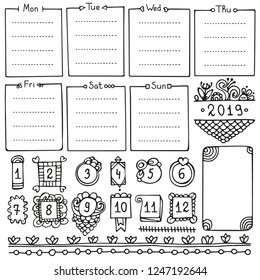 Bullet journal hand drawn vector elements for notebook, diary and planner. Doodle frames isolated on white background. 