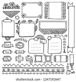 Bullet journal hand drawn vector elements for notebook, diary and planner. Doodle frames isolated on white background. 