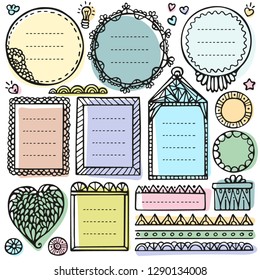 Bullet journal hand drawn vector elements for notebook, diary and planner. Doodle frames set isolated on white background. 