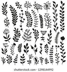 Bullet journal hand drawn vector elements for notebook, diary and planner. Set of doodles branches, herbs, plants. 