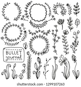 Bullet journal hand drawn vector elements for notebook, diary and planner. Set of doodles branches, herbs, flowers, plants. 