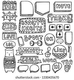 Bullet journal hand drawn vector elements for notebook, diary and planner. Doodle frames set isolated on white background. 