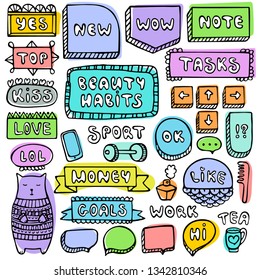 Bullet journal hand drawn vector elements for notebook, diary and planner. Doodle frames set isolated on white background. 