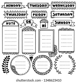 Bullet journal hand drawn vector elements for notebook, diary and planner. Doodle frames set isolated on white background. 