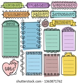 Bullet journal hand drawn vector elements for notebook, diary and planner. Doodle frames set isolated on white background. 