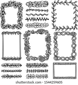 Bullet journal hand drawn vector frames and elements for notebook, diary and planner. Set of doodle black borders isolated on white background. 