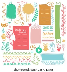 Bullet journal hand drawn vector elements for notebook, diary and planner. Set of doodle frames, banners and Christmas elements isolated on white background.