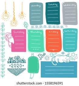 Bullet journal hand drawn vector elements for notebook, diary and planner. Set of doodle frames, banners and Christmas elements isolated on white background.