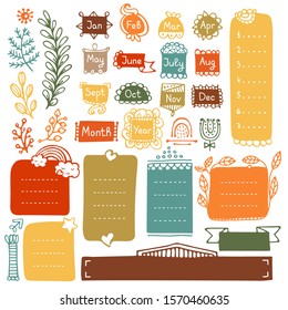 Bullet journal hand drawn vector elements for notebook, diary and planner. Doodle frames isolated on white background. 