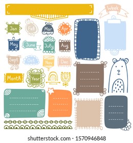 Bullet journal hand drawn vector elements for notebook, diary and planner. Doodle frames isolated on white background. 