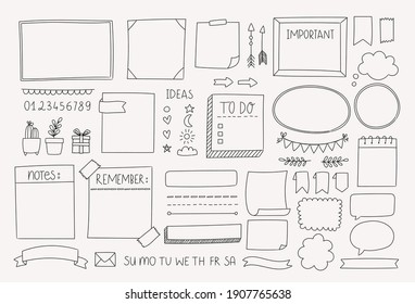 Bullet journal hand drawn vector elements for planner, notebook, diary. Doodle banners isolated on white background. Notes, list, frames, dividers, design elements.