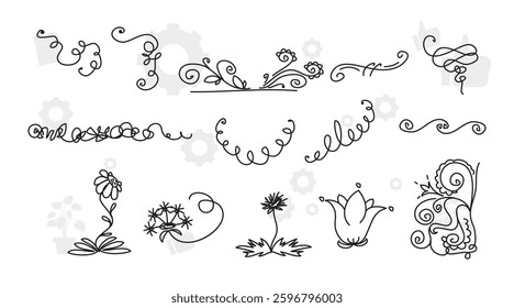 Bullet journal hand drawn vector elements for notebook, diary and planner. Doodle banners isolated on white background. Days of week, notes, list, frames, dividers, flowers.