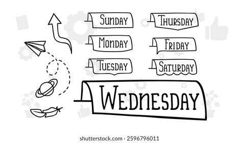 Bullet journal hand drawn vector elements for notebook, diary and planner. Doodle banners isolated on white background. Days of week, notes, list, frames, dividers, flowers.