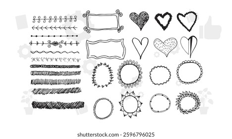 Bullet journal hand drawn vector elements for notebook, diary and planner. Doodle banners isolated on white background. Days of week, notes, list, frames, dividers, flowers.