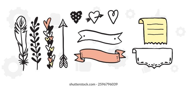 Bullet journal hand drawn vector elements for notebook, diary and planner. Doodle banners isolated on white background. Days of week, notes, list, frames, dividers, flowers.