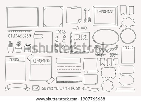 Bullet journal hand drawn vector elements for planner, notebook, diary. Doodle banners isolated on white background. Notes, list, frames, dividers, design elements.