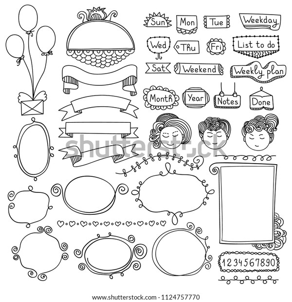 Bullet journal hand drawn\
vector elements for notebook, diary and planner. Doodle banners\
isolated on white background. Notes, list, frames, dividers,\
ribbons, balloons.