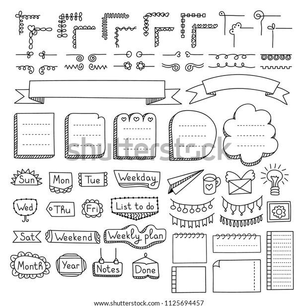 Bullet journal hand\
drawn vector elements for notebook, diary and planner. Doodle\
banners isolated on white background. Days of week, corners, list,\
frames, dividers,\
ribbons.