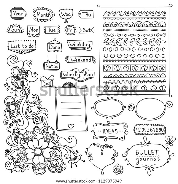 Bullet journal hand\
drawn vector elements for notebook, diary and planner. Doodle\
banners isolated on white background. Days of week, notes, list,\
frames, dividers,\
flowers.