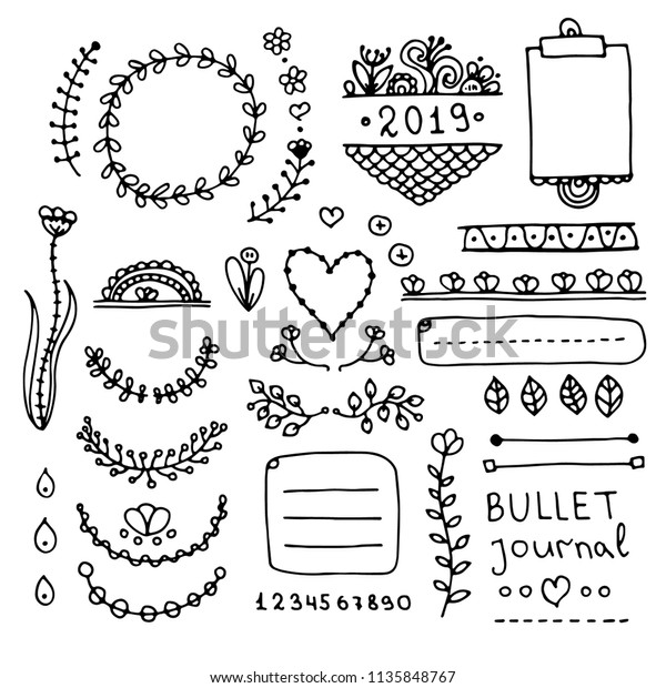Bullet journal hand drawn vector\
elements for notebook, diary and planner. Doodle banners isolated\
on white background. Notes, list, frames, dividers,\
flowers.
