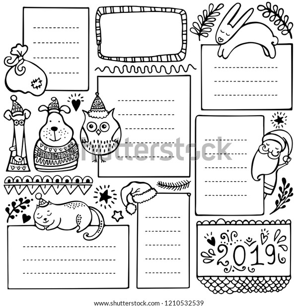 Bullet journal hand drawn\
vector elements for notebook, diary and planner. Set of doodle\
frames, banners and floral and Christmas elements isolated on white\
background.