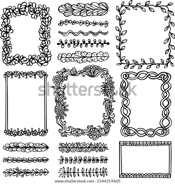 Bullet journal hand drawn vector frames and\
elements for notebook, diary and planner. Set of doodle black\
borders isolated on white background.\
