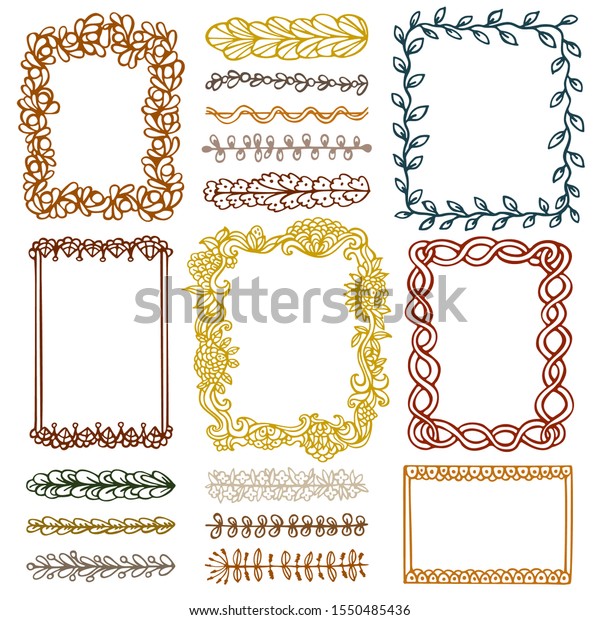 Bullet journal hand drawn vector frames and\
elements for notebook, diary and planner. Set of doodle colored\
borders isolated on white background.\
