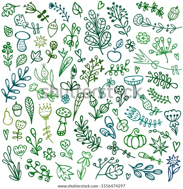 Bullet journal hand drawn vector elements for notebook,\
diary, and planner. Set of doodles flowers, branches, leaves,\
herbs, plants. 