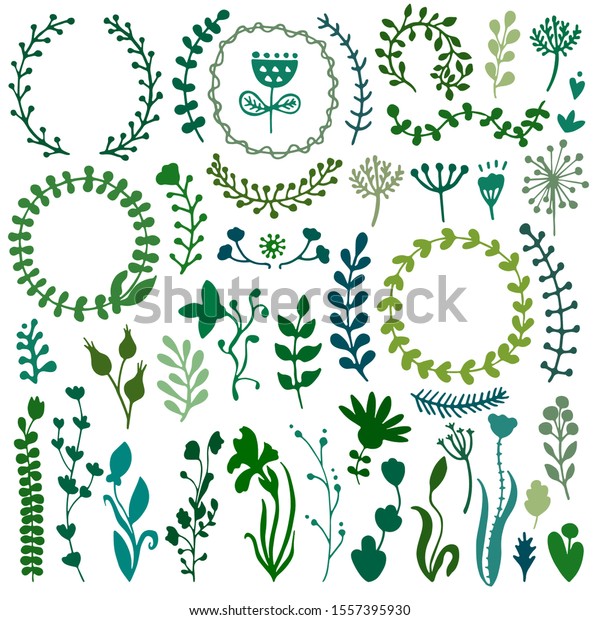 Bullet\
journal hand drawn vector elements for notebook, diary and planner.\
Set of doodles branches, herbs, flowers, plants.\

