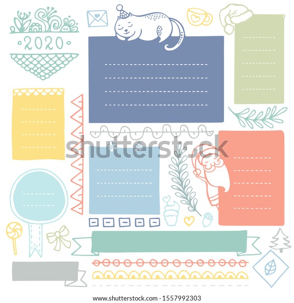 Bullet journal hand drawn vector\
elements for notebook, diary and planner. Set of doodle frames,\
banners and Christmas elements isolated on white\
background.