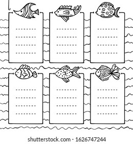 Bullet journal hand-drawn vector frames with different fish for notebook, diary, and planner. Set of doodle black borders. Vector illustration.