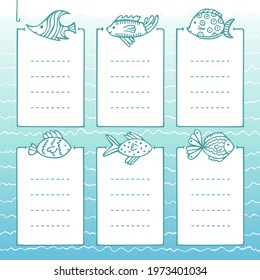 Bullet journal hand-drawn vector frames with different fish for notebook, diary, and planner.