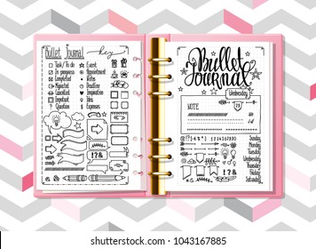 Bullet Journal Mock Up. Hand Drawn Doodles Elements For Notebook, Diary. Cute Hand Drawn Doodle Banners Isolated On White. Numbers And Days Of Week Lettering.