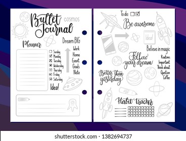 Bullet Journal monochrome set: planner and organiser elements and cosmic objects icons: rockets, ufo, planets. Plus handwritten calligraphy elements and motivational phrases, weekdays and checkboxes. 