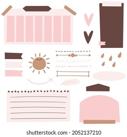 Bullet journal or planner digital stickers and papers set. Digital bullet journaling, snail mailing or planning. Cartoon vector art. 