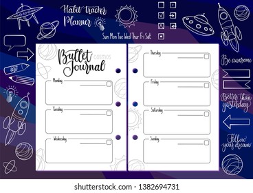 Bullet Journal space set: weekly organiser and cosmic objects icons: rockets, ufo, planets. Plus handwritten calligraphy elements and motivational phrases, weekdays and checkboxes. 