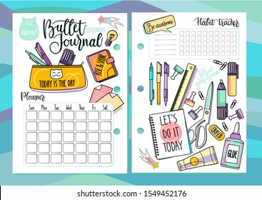 Bullet journal stationery set with handwriting & calligraphy. Cute vector diary elements isolated on white. Pens, highlighter, planner, habit tracker, cats, pencil case, eraser, scissors, notebooks.