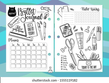 Bullet journal stationery set with handwriting & calligraphy. Cute vector diary elements isolated on white. Pens, highlighter, planner, habit tracker, cats, pencil case, eraser, scissors, notebooks.