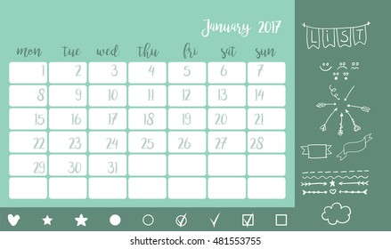 Bullet journal style desk calendar horizontal template 2017 for month January with elements. Doodle arrows,smile,dividers,star,cloud and other. Week starts Monday