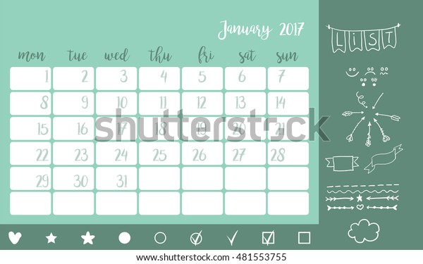 Bullet journal style desk
calendar horizontal template 2017 for month January with elements.
Doodle arrows,smile,dividers,star,cloud and other. Week starts
Monday