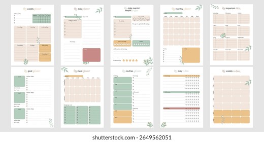 Tamanho A4 Do Pacote De Modelos De Diário De Marcadores. Páginas do Planejador Mensal Diárias Semanais Imprimíveis com Rastreadores de Hábito de Lista de Verificação e Layout de Metas. Design Floral Vetor bonito para Organizador Pessoal