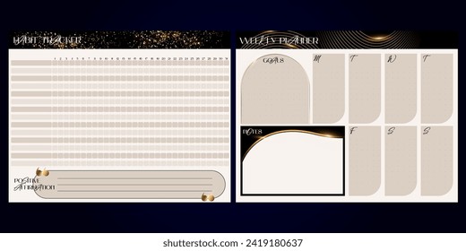 Bullet journal template luxury gold. Weekly planer. Habit tracker. Ready to print 8,5x11 in pages