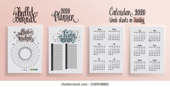 Bullet journal template. Water tracker. Mood tracker blank and lettering. Printable list. 2020 calendar for diary vector illustrration. Hand written calendar in notebook. Week starts on Sunday.