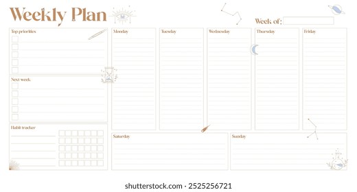 Bullet journal template. Weekly, daily planer. Mental health planer. Celestial elements