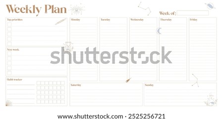 Bullet journal template. Weekly, daily planer. Mental health planer. Celestial elements