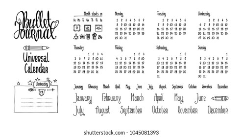 Bullet journal universal calendar. Hand written cute calendar, names of months and days of week. Bullet journal lettering. Bullet journal hand drawn elements for notebook, diary. 