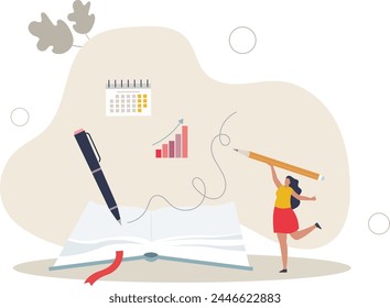 Bullet journaling method for daily tasks organization.Write journal with work activities and agenda for productivity and efficiency.flat vector illustration.